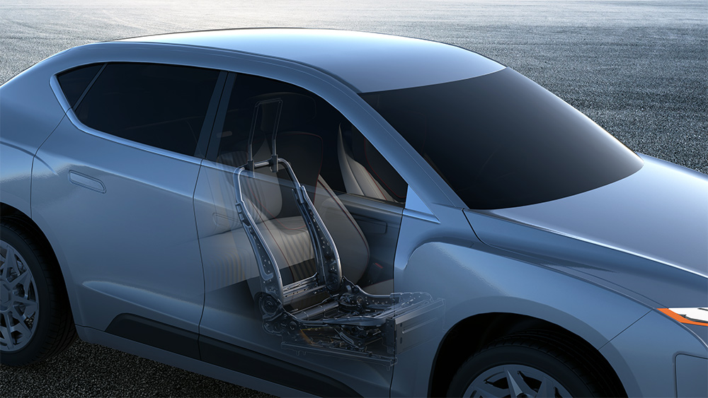 Grey vehicle with the passenger door ghosted to show the structure of the car seat.