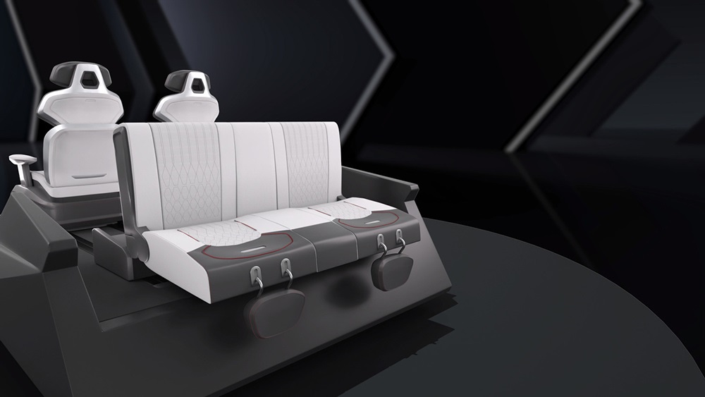 Futuristic car interior with sleek back seats in white and grey, folded over backwards set in a stylish, high-tech environment with dark geometric backgrounds.