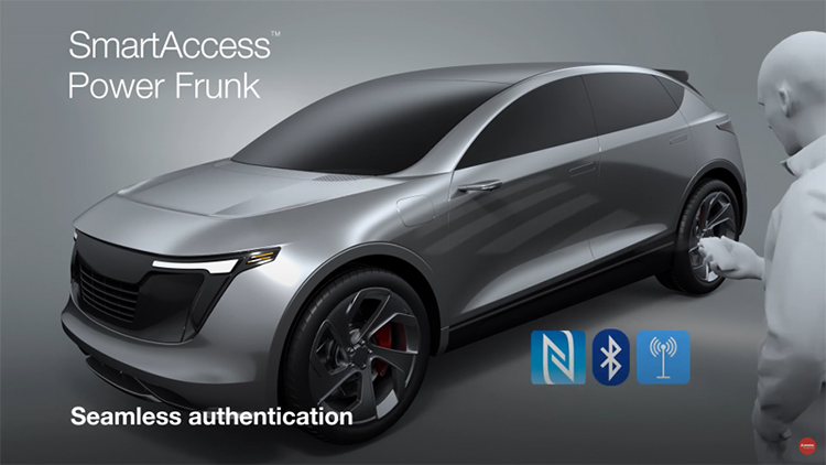 Picture of a car with a person using mobile phone to activate the SmartAccess Power Frunk