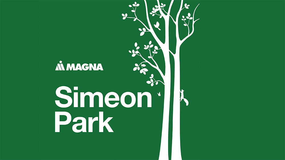 Green background with Magna logo, words Simeon Park and a silhouette of a tree with a squirrel climbing