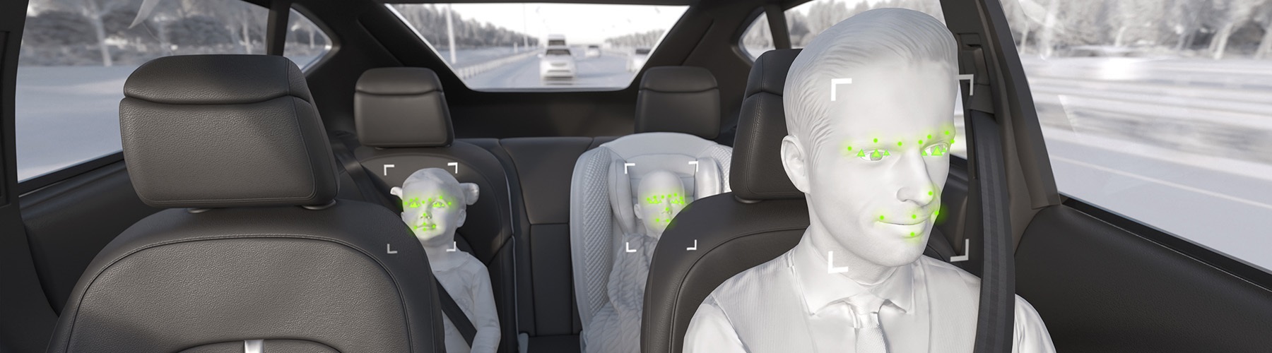 Interior cabin monitoring system identifying a focused driver using facial tracking and AI-based sensing for intelligent vehicle safety.