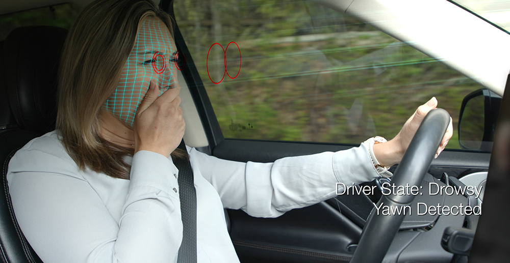Person driving a vehicle and the driver monitoring system detecting the driver's yawn and drowsy state