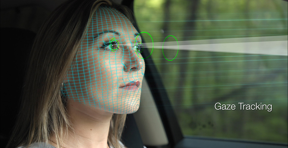Close-up of in-cabin gaze tracking technology monitoring driver eye movement and line of sight for attention detection and ADAS support.
