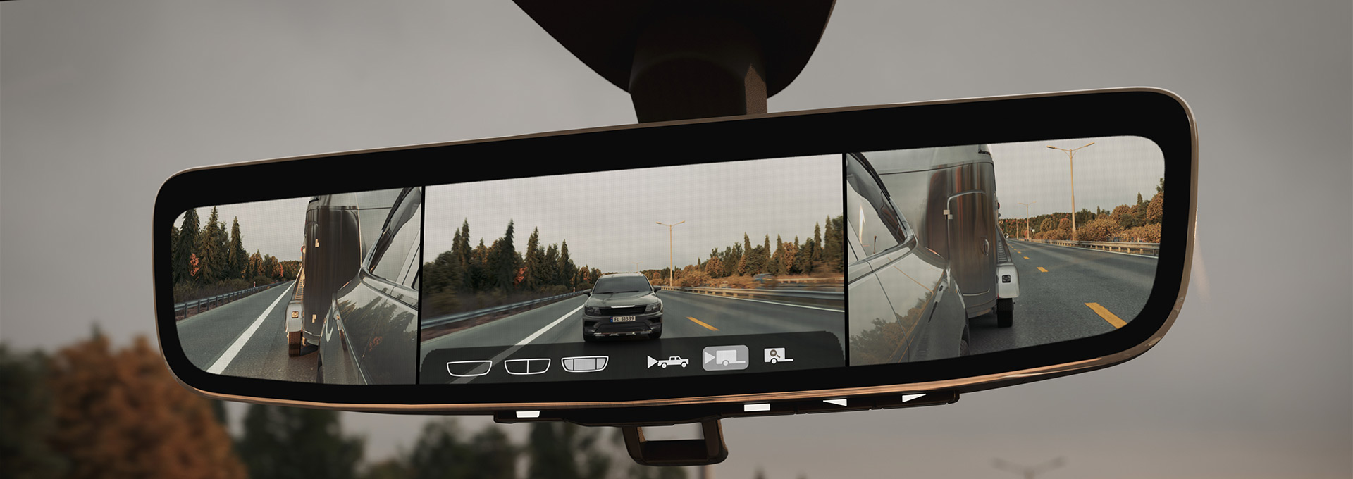 ClearView mirror showing 3 views: behind the vehicle and both sides which helps with a wider field of vision and reducing blind spots.