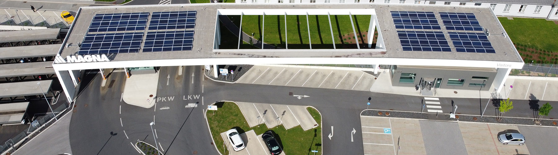 Overhead view of Magna Facility with solar panels on the roof