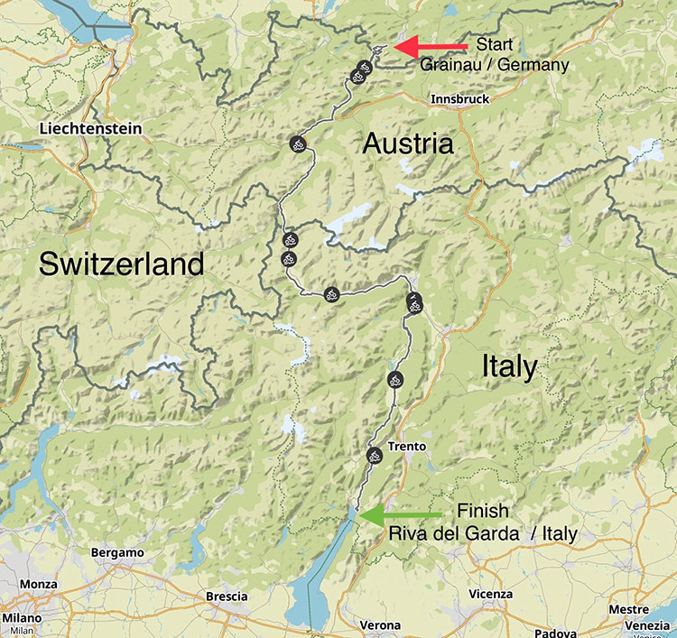 Map outlining the trip from Grainau, Germany to Riva del Garda, Italy