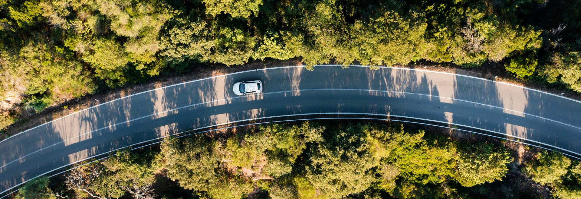 a white car is driving on a road