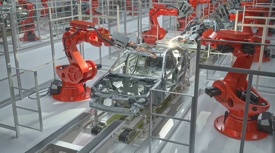 Car production hall with robots