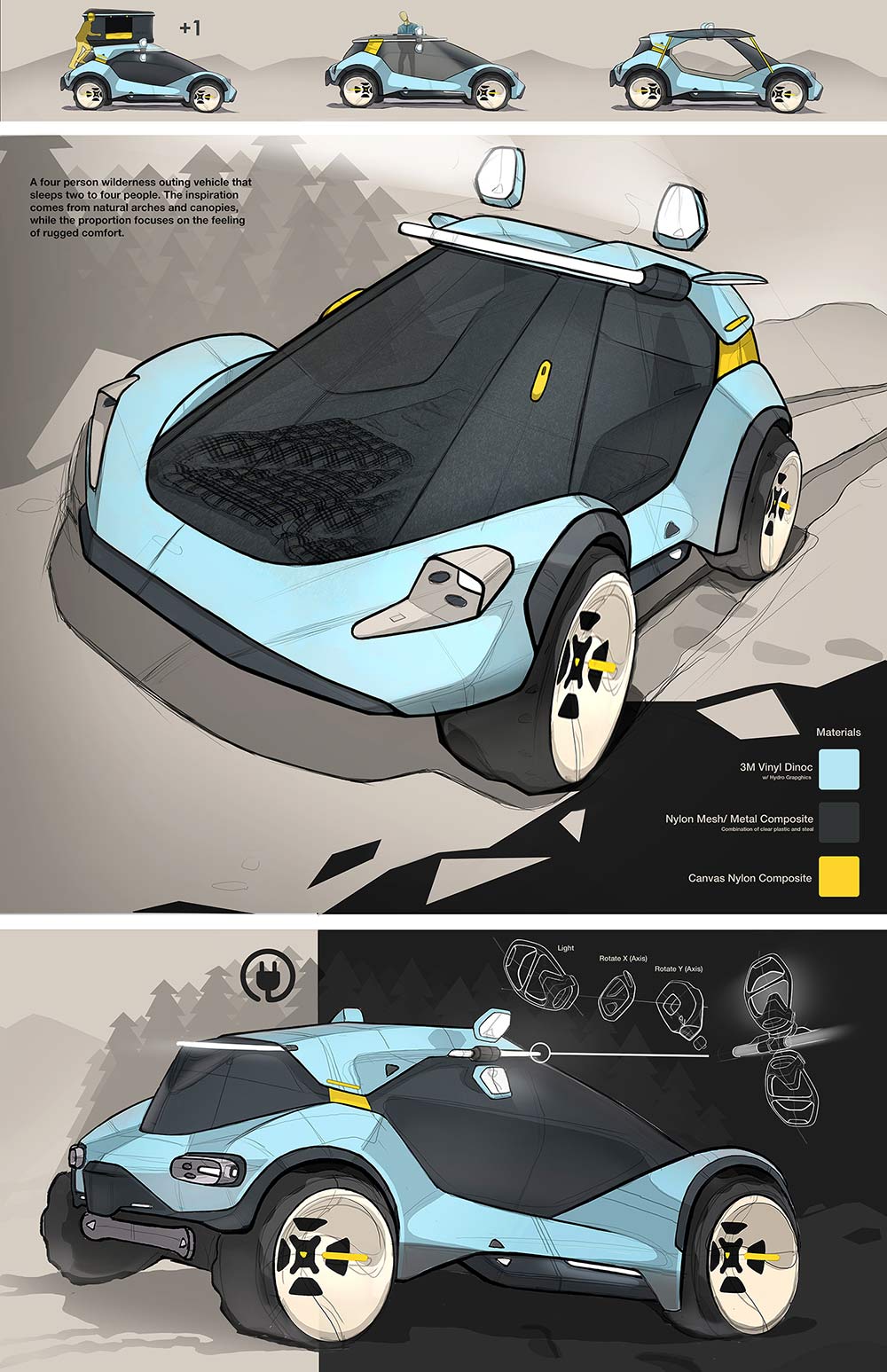 A four-person wilderness outing vehicle