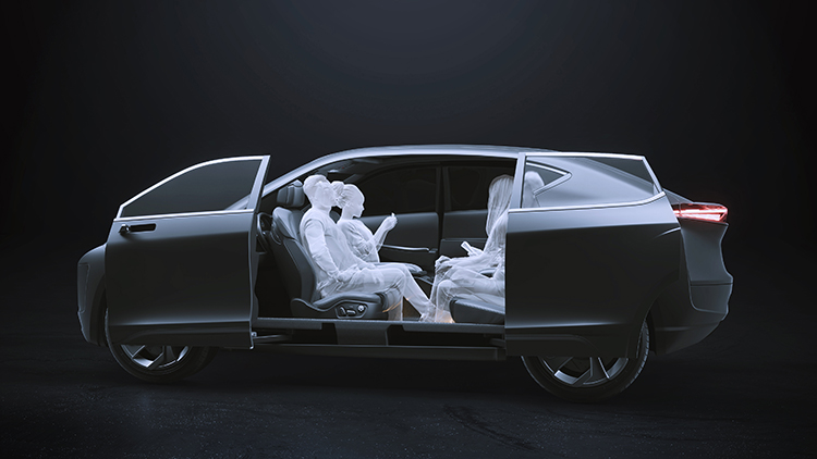 Durchschnitt eines Autos mit transparent dargestellten Insassen im Innenraum