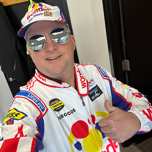 Paul Blackburn dressed in Nascar outfit