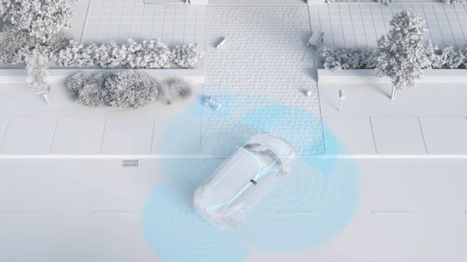 Animation of a vehicle driving into a driveway with sensors picking up objects in its path
