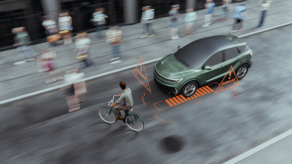A green SUV near a cyclist on a street with ADAS capabilities highlighting potential danger. Motion blur conveys a sense of urgency and speed.
