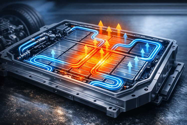 Automotive battery showing the thermal management system.